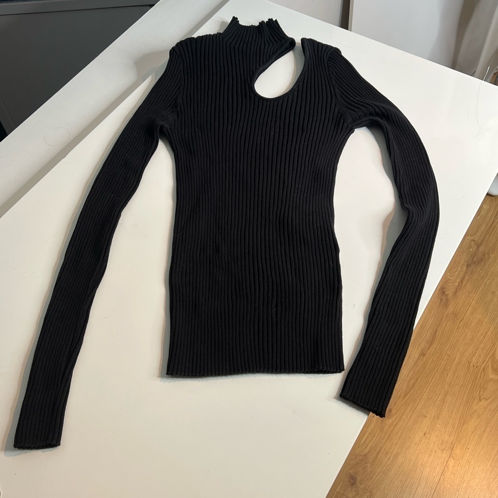 Anine Bing Sz L Victoria Long Sleeve Column Nexk Sweater Black Ribbed Cotton